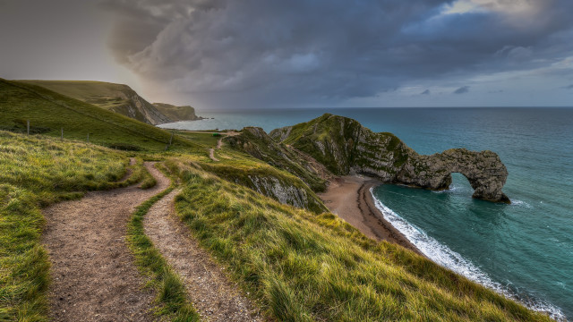 Beach path large rock formation free wallpaper for desktop - medium preview image