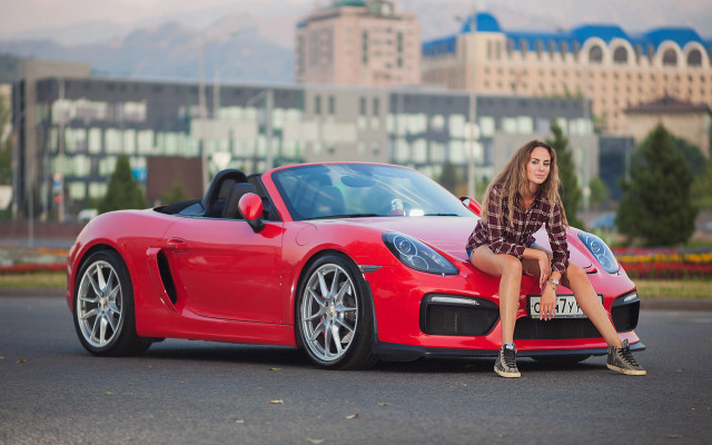 Woman red sports car city free wallpaper for desktop - medium preview image