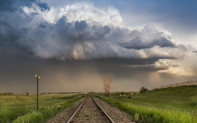 Stormy train track lone tree free wallpaper for desktop - medium preview image