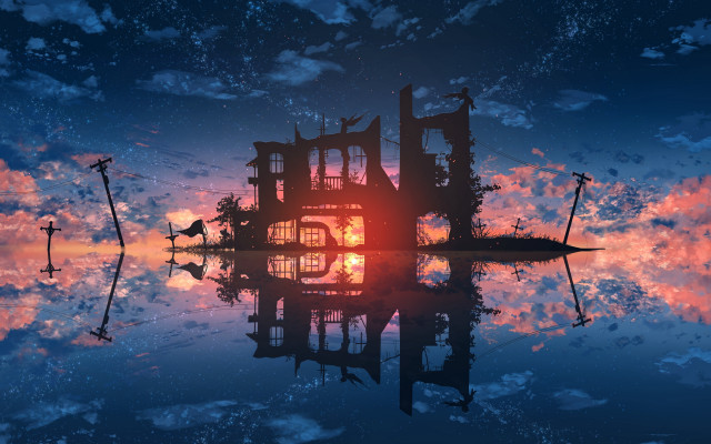 Sunset building water moonlight cityscape free wallpaper for desktop - medium preview image