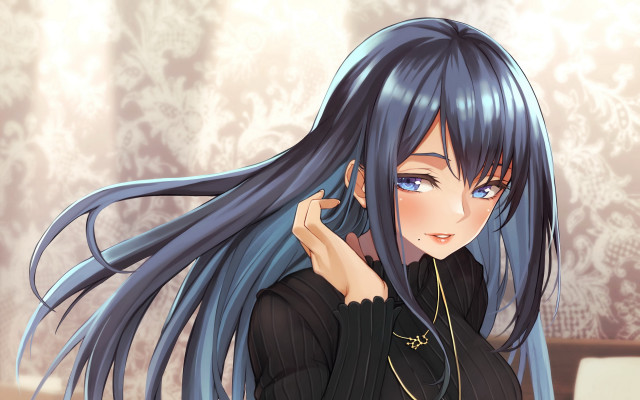 Blue haired woman serious portrait free wallpaper for desktop - medium preview image