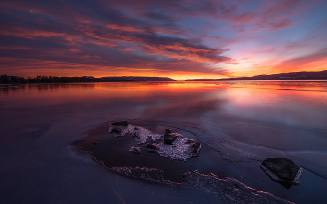 Sunset lake rock clouds cityscape free wallpaper for desktop - medium preview image
