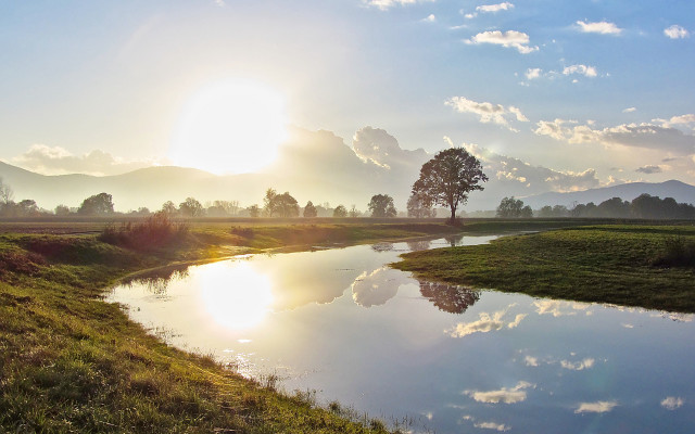 River green field blue sky free wallpaper for desktop - medium preview image