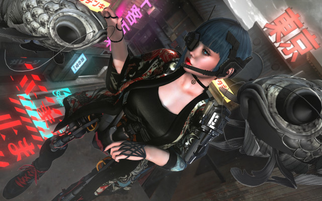 Futuristic woman cyberpunk neon gun free wallpaper for desktop - medium preview image