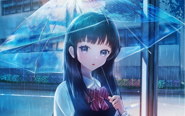 Girl umbrella rain building blue free wallpaper for desktop - medium preview image