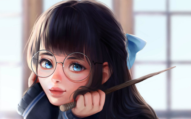 Girl glasses cat ears scissors free wallpaper for desktop - medium preview image