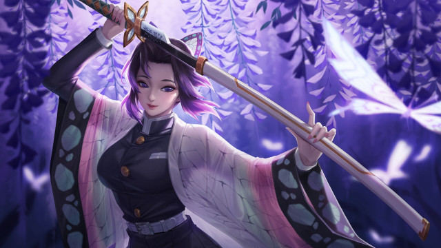 Woman sword forest purple leaves free wallpaper for desktop - medium preview image