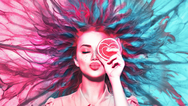 Blue hair woman heart blowing free wallpaper for desktop - medium preview image