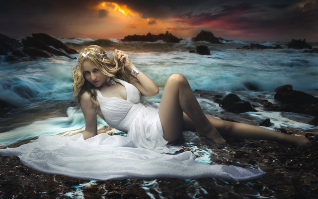 Woman white dress ocean sunset #2 free wallpaper for desktop - medium preview image
