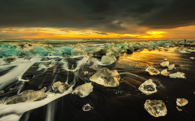 Ice beach waves sunset rocks free wallpaper for desktop - medium preview image