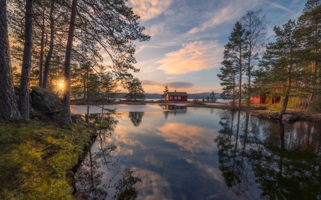Lake trees redhouse sunset reflections free wallpaper for desktop - medium preview image
