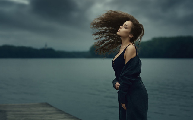 Woman dock wind sky water free wallpaper for desktop - medium preview image