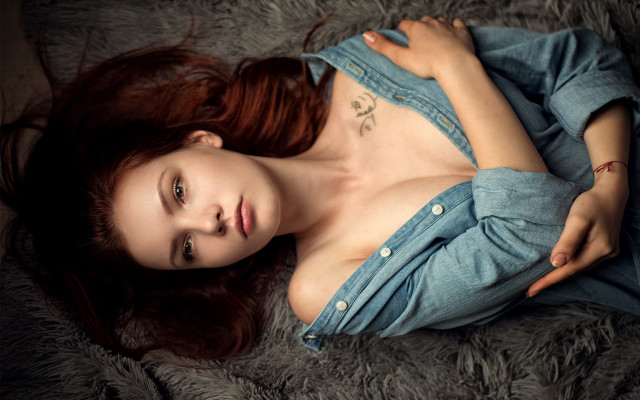 Redhair tattoo bed posing laying free wallpaper for desktop - medium preview image