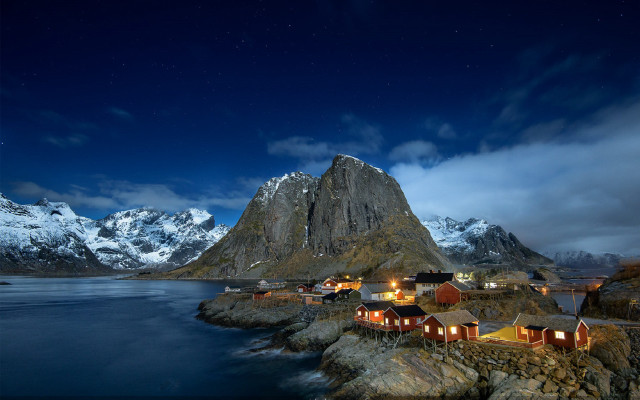 Mountain village night fullmoon aurora free wallpaper for desktop - medium preview image