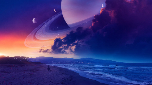 Beach man saturn planets cloudy free wallpaper for desktop - medium preview image