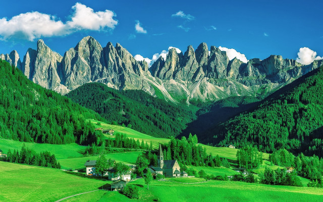 Green valley church mountains clouds free wallpaper for desktop - medium preview image