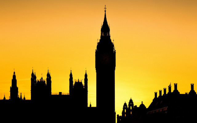 Clock tower cityscape sunset moon free wallpaper for desktop - medium preview image