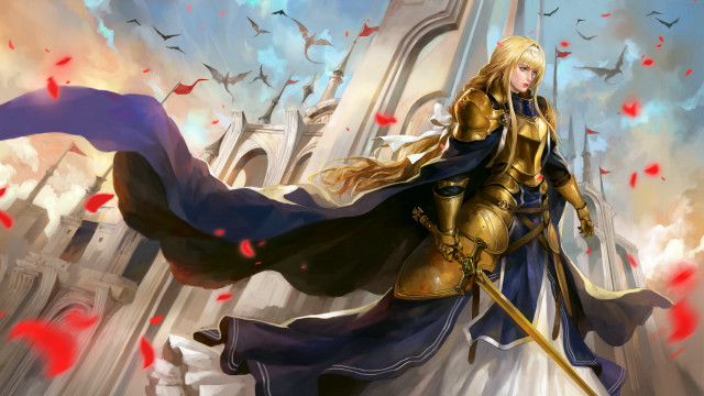 Golden armor woman sword cape free wallpaper for desktop - medium preview image
