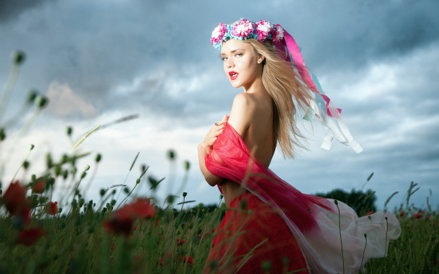 Woman red dress flower crown free wallpaper for desktop - medium preview image