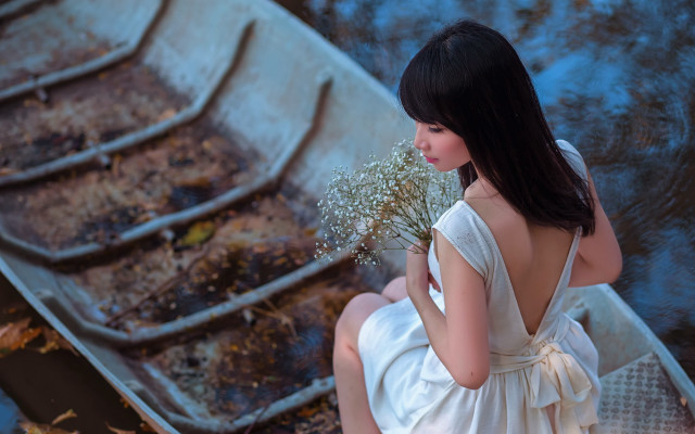 Girl white dress boat flowers free wallpaper for desktop - medium preview image