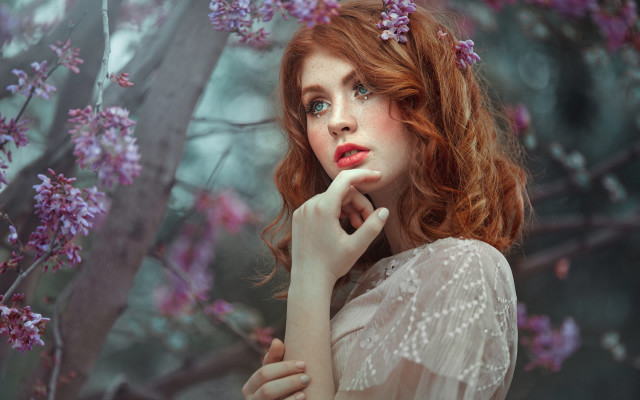 Redhair whitedress purpleflowers portrait photorealistic free wallpaper for desktop - medium preview image