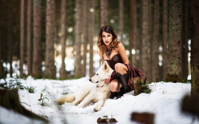 Woman snow dog forest fashion free wallpaper for desktop - medium preview image