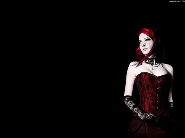 Red haired woman black gloves free wallpaper for desktop - medium preview image