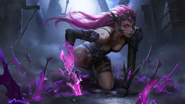 Pink haired woman mask kneeling free wallpaper for desktop - medium preview image