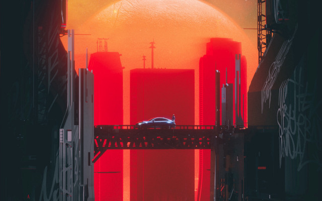Car bridge sunset graffiti retrofuturism free wallpaper for desktop - medium preview image
