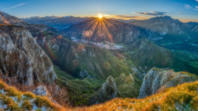 Mountain sunset valley grassland lake free wallpaper for desktop - medium preview image