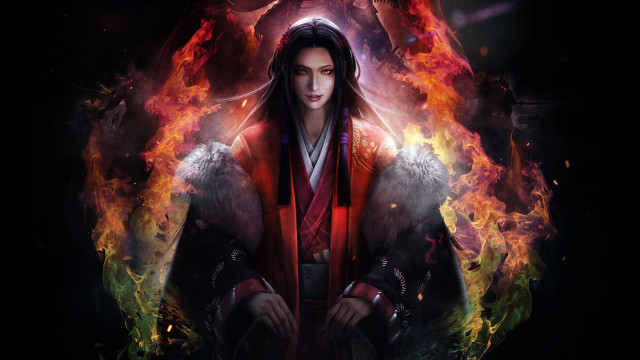 Woman kimono fire flames dark free wallpaper for desktop - medium preview image