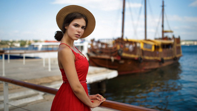 Woman red dress hat pier #2 free wallpaper for desktop - medium preview image