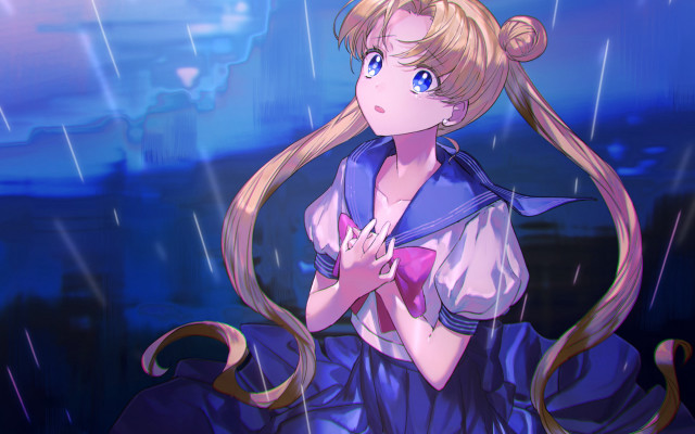 Blonde woman rain anime magic free wallpaper for desktop - medium preview image