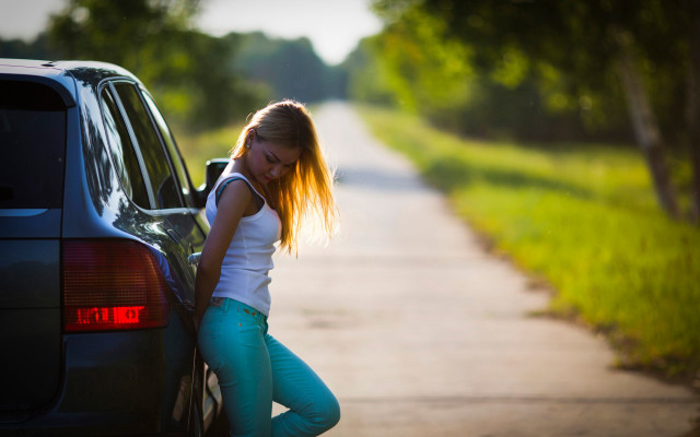 Girl car leaning blonde denim free wallpaper for desktop - medium preview image