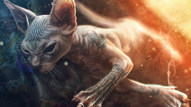 Cat tattoo water sunbeam cyberpunk free wallpaper for desktop - medium preview image