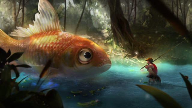 Fishing man river fantasy illustration free wallpaper for desktop - medium preview image