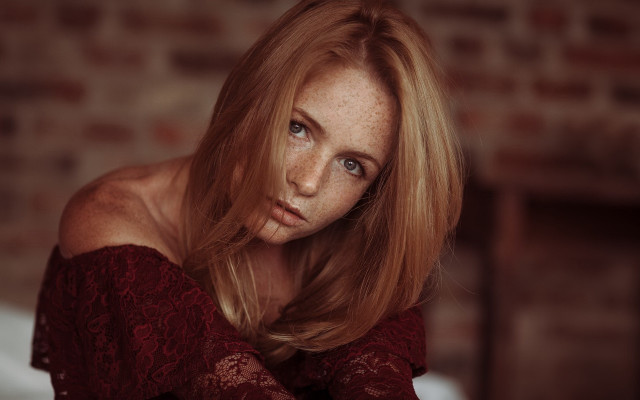 Freckled woman red dress brick free wallpaper for desktop - medium preview image