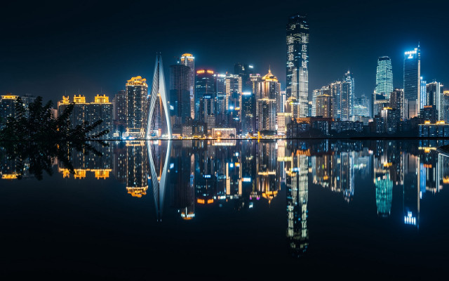 Cityscape lake night reflections ferriswheel free wallpaper for desktop - medium preview image