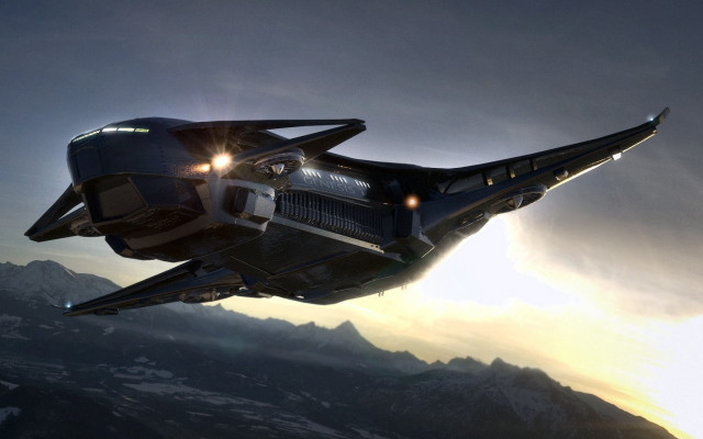 Futuristic airplane mountains sunset clouds free wallpaper for desktop - medium preview image