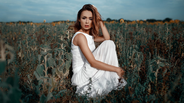 Woman white dress field tall #3 free wallpaper for desktop - medium preview image