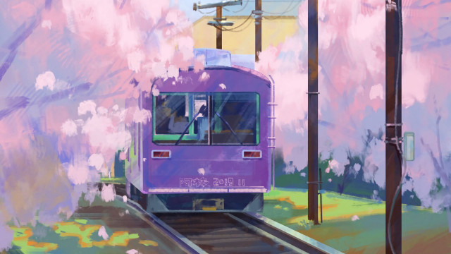 Purple train cherry blossoms sky free wallpaper for desktop - medium preview image