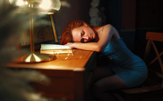 Woman sitting blue dress book free wallpaper for desktop - medium preview image