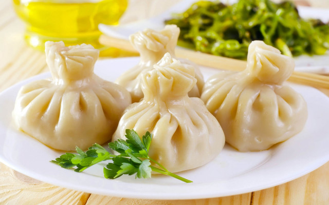 Dumplings plate greens oil background free wallpaper for desktop - medium preview image