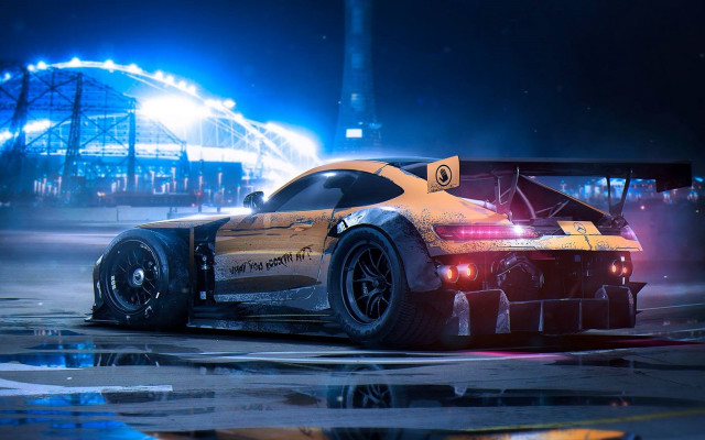 Yellow car stadium night cyberpunk free wallpaper for desktop - medium preview image