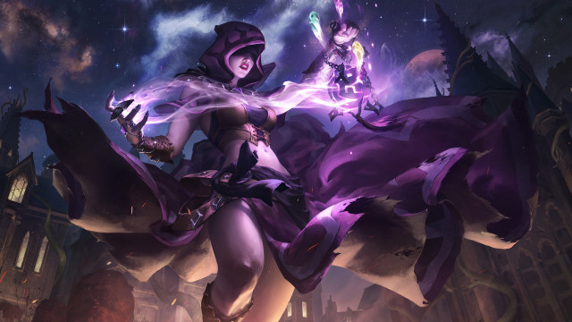 Purple woman sword night city free wallpaper for desktop - medium preview image
