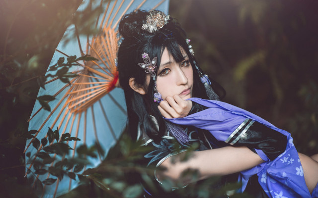 Woman blue umbrella forest cosplay free wallpaper for desktop - medium preview image