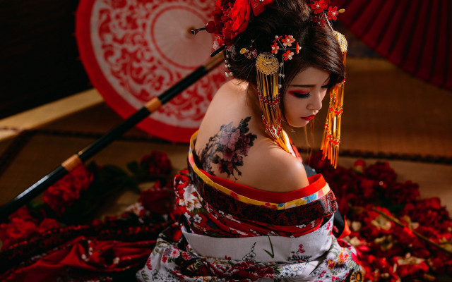Woman tattoo red umbrella kimono free wallpaper for desktop - medium preview image