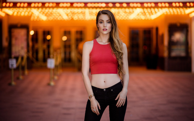 Woman red top building neon free wallpaper for desktop - medium preview image