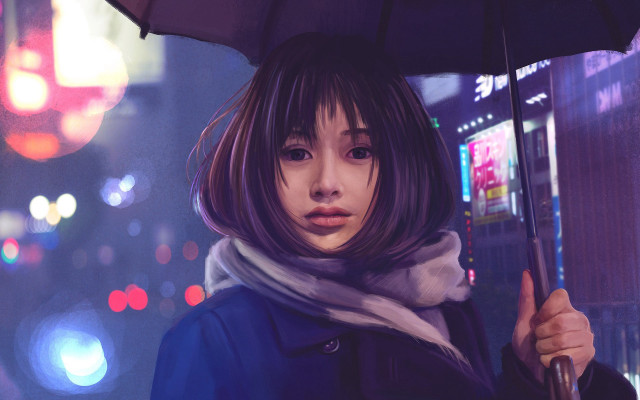 Woman umbrella night city rain free wallpaper for desktop - medium preview image