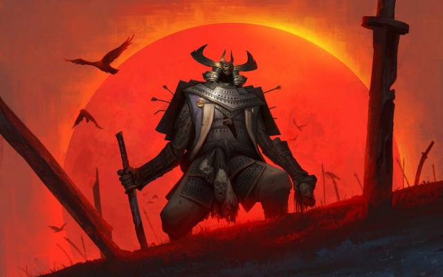 Knight horned helmet sword red free wallpaper for desktop - medium preview image